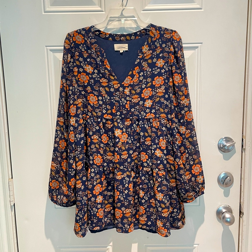 MELLODAY Boho Navy Blue Orange Floral Blouse Flowy Long Sleeve Top Size Medium